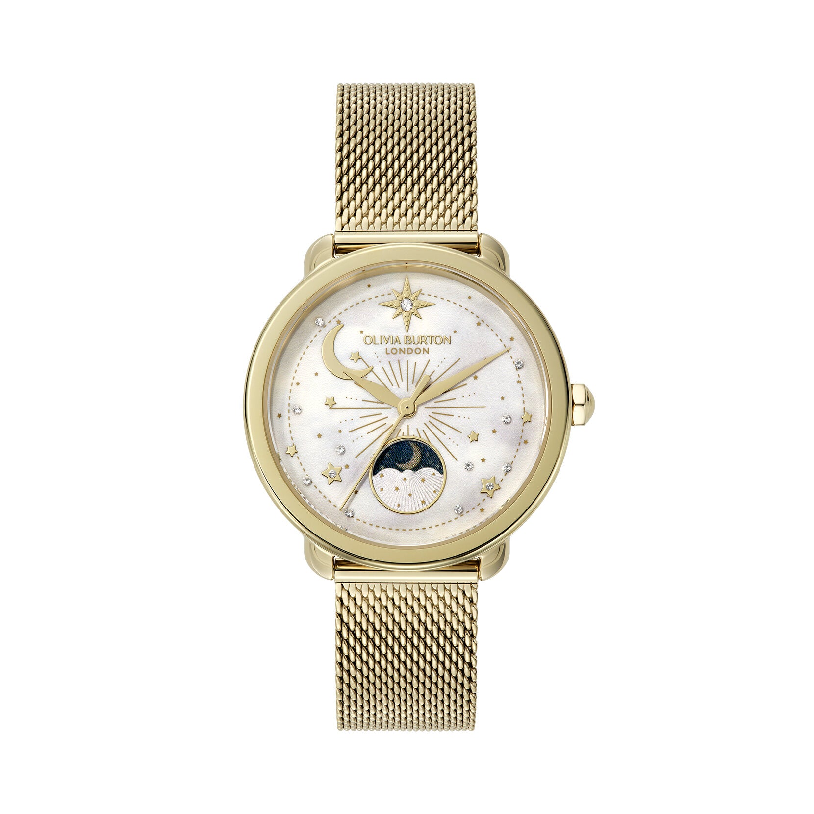Olivia Burton Watch Celestial 34mm Moon Phase White & Gold Mesh 24000299