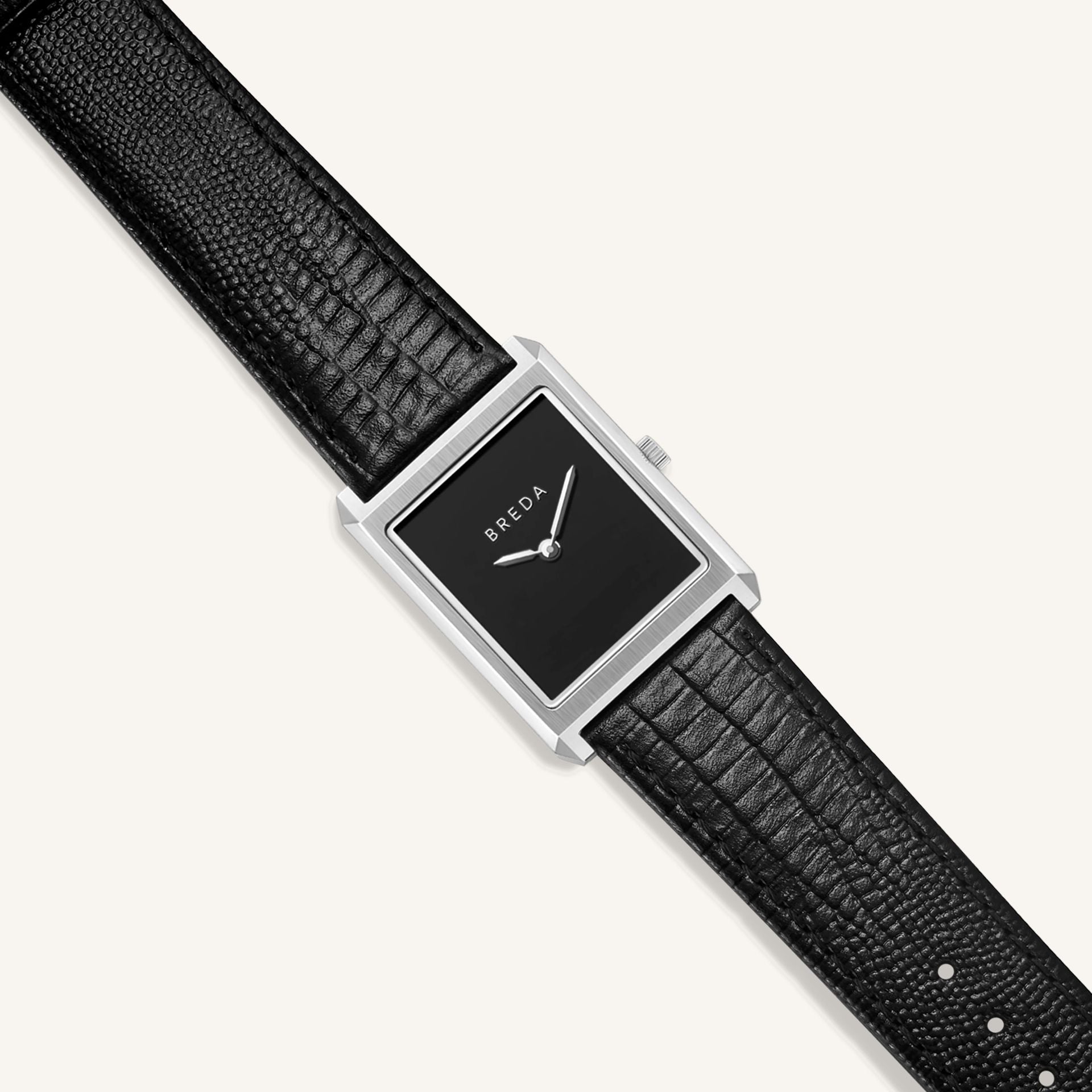Breda Virgil Lizard-Embossed Unisex Watch of Silver/Black Stainless Steel/Lizard Embossed Leather, 26mm, 1763A