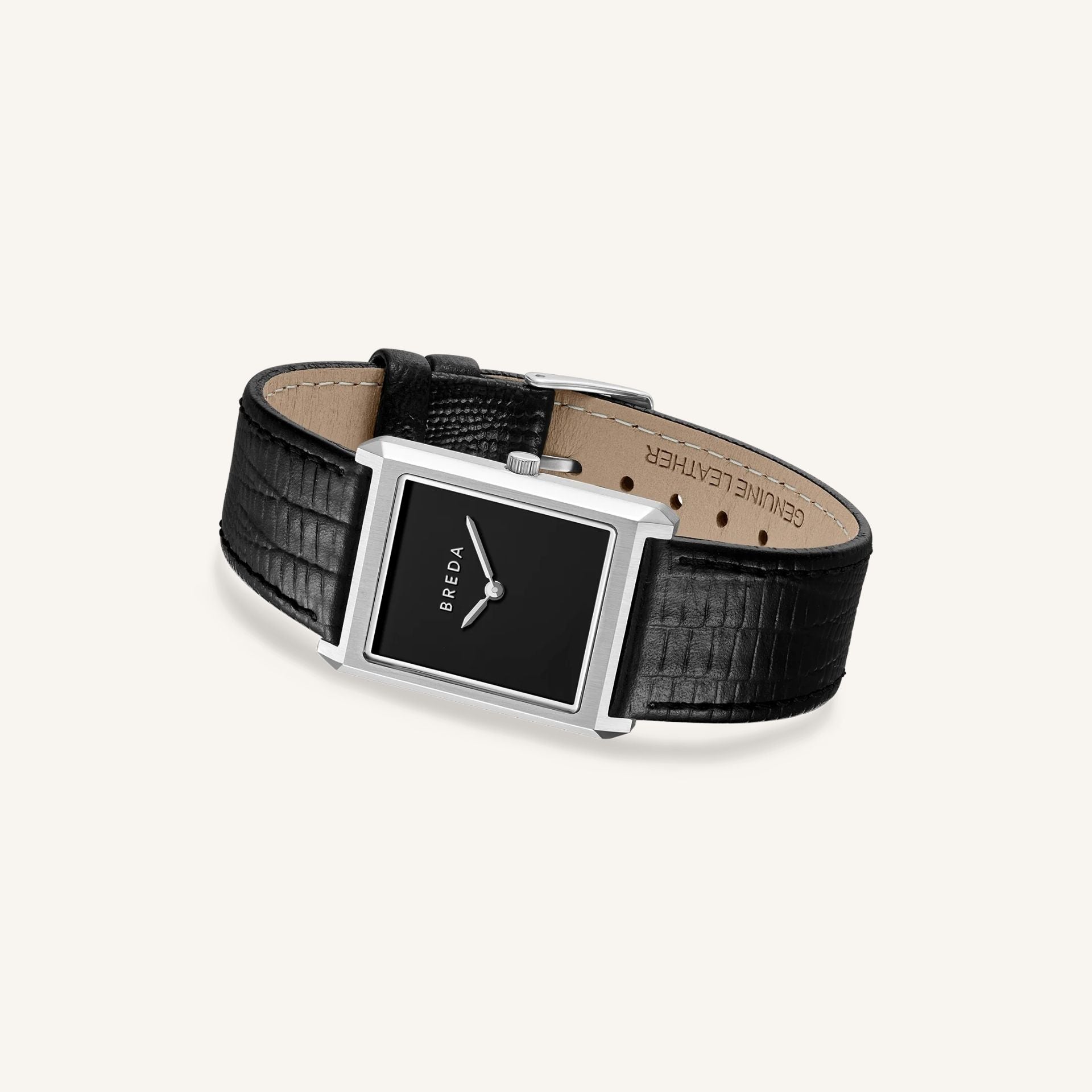 Breda Virgil Lizard-Embossed Unisex Watch of Silver/Black Stainless Steel/Lizard Embossed Leather, 26mm, 1763A