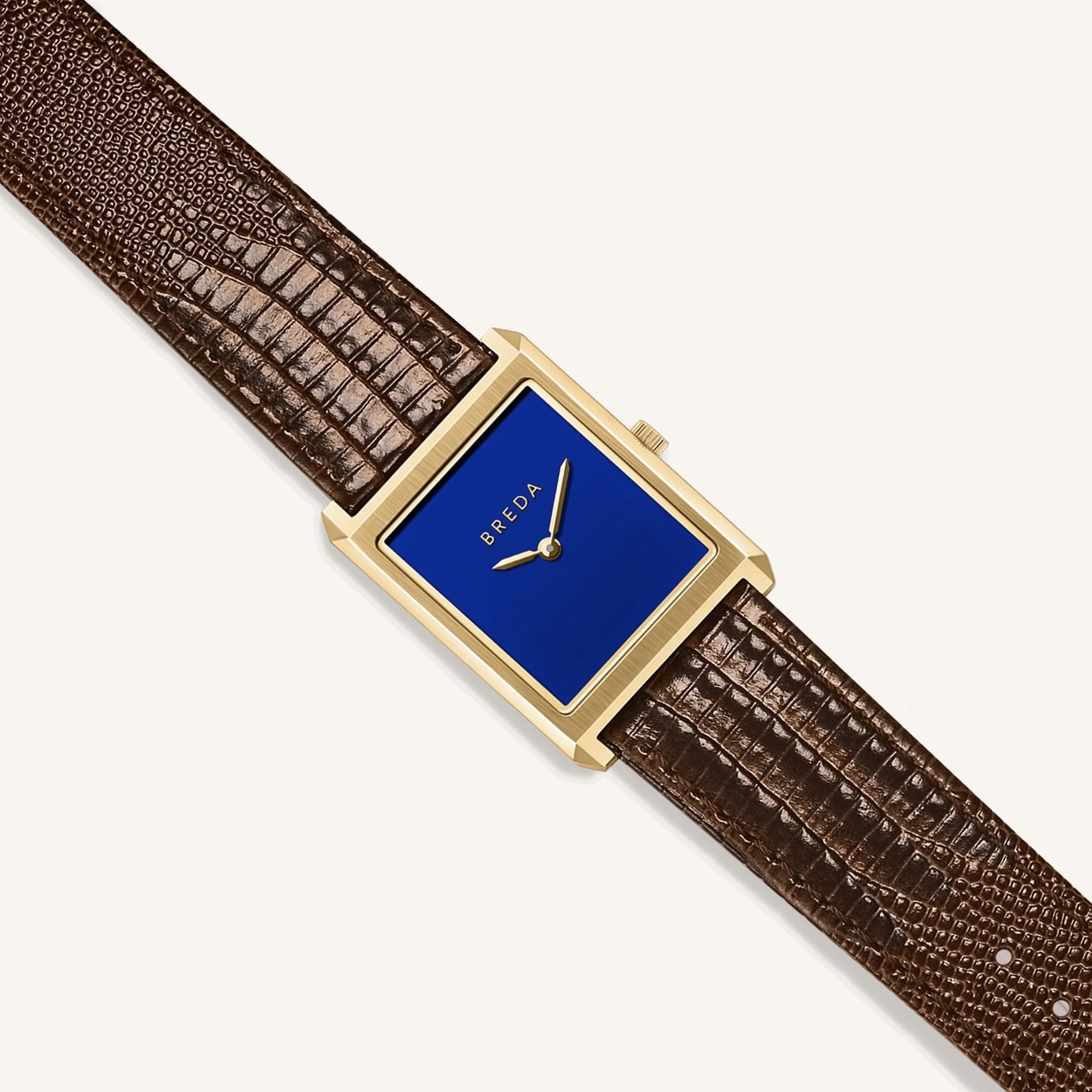 Breda Virgil Lizard-Embossed Unisex Watch of Gold/Navy/Brown Stainless Steel/Lizard Embossed Leather, 26mm, 1763B