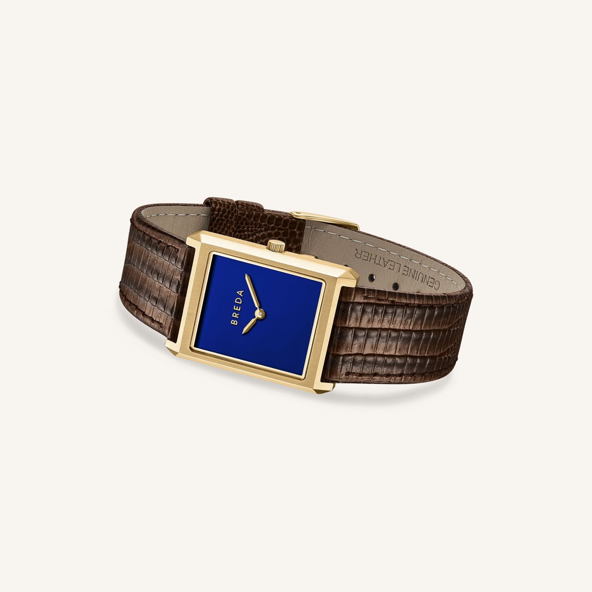 Breda Virgil Lizard-Embossed Unisex Watch of Gold/Navy/Brown Stainless Steel/Lizard Embossed Leather, 26mm, 1763B