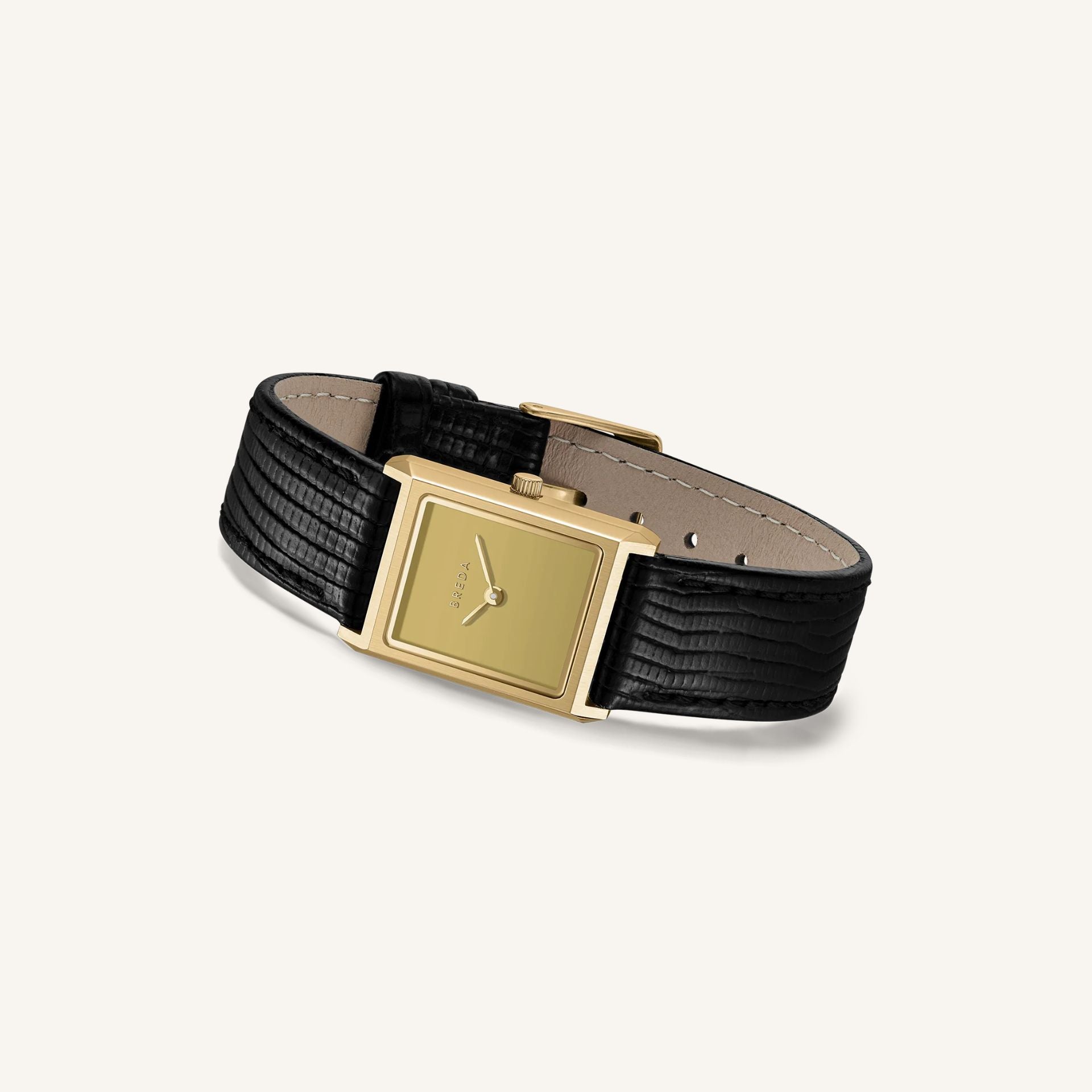 Breda Virgil (Lizard-Embossed) Unisex Watch of Gold/Black Stainless Steel/Lizard Embossed Leather, 20mm, 1765D