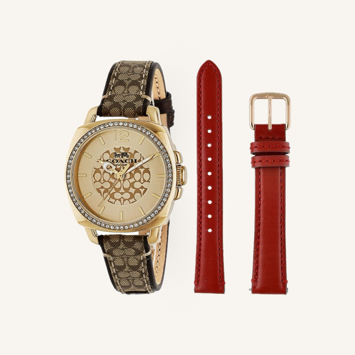 Coach Boyfriend Quartz Crystal Gold Dial Ladies Watch Gift Set, 34mm, 14000091