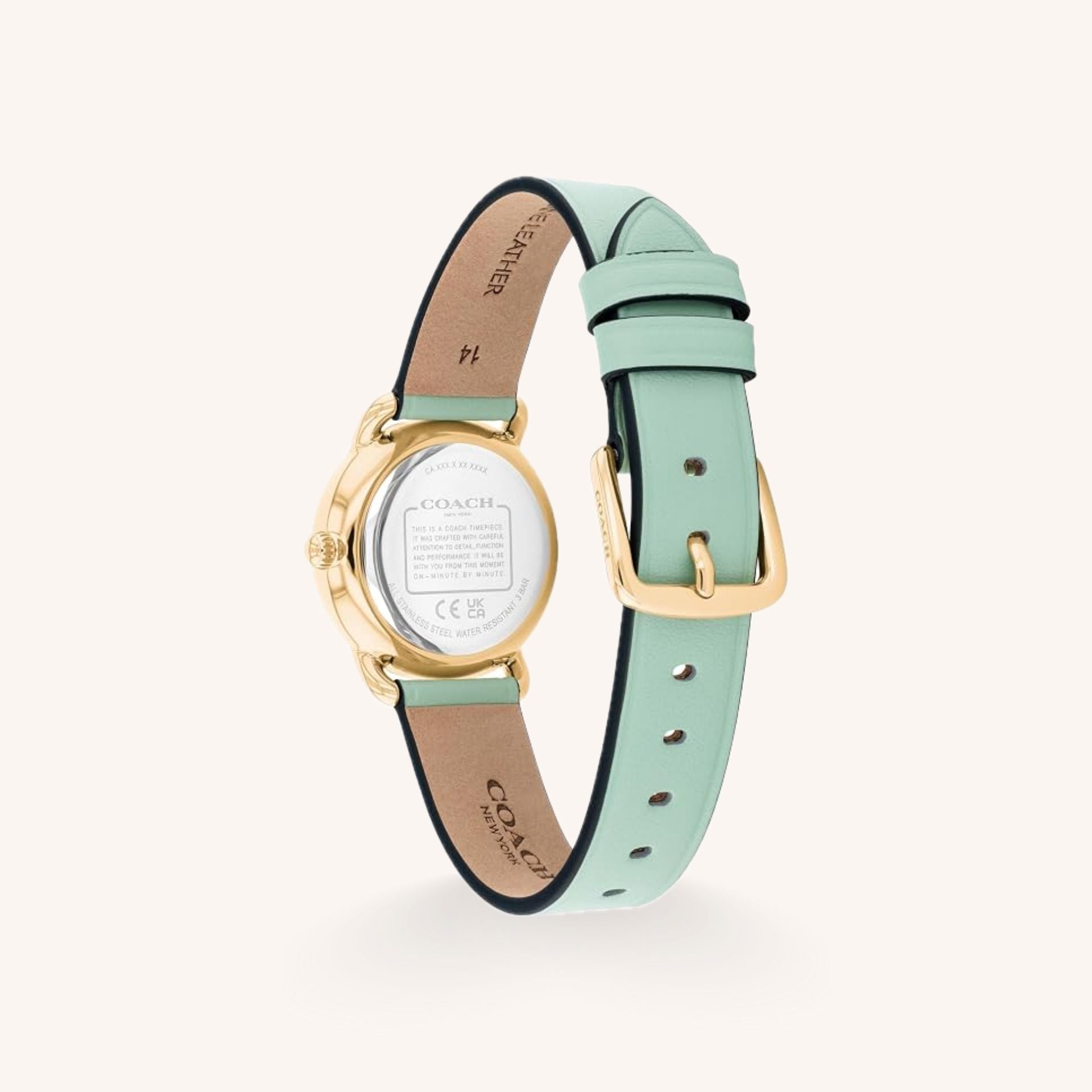 Coach Cary 14504633 Mint Dial Round Crystal Accent Gold-Tone Stainless Steel Bracelet Watch, 34mm