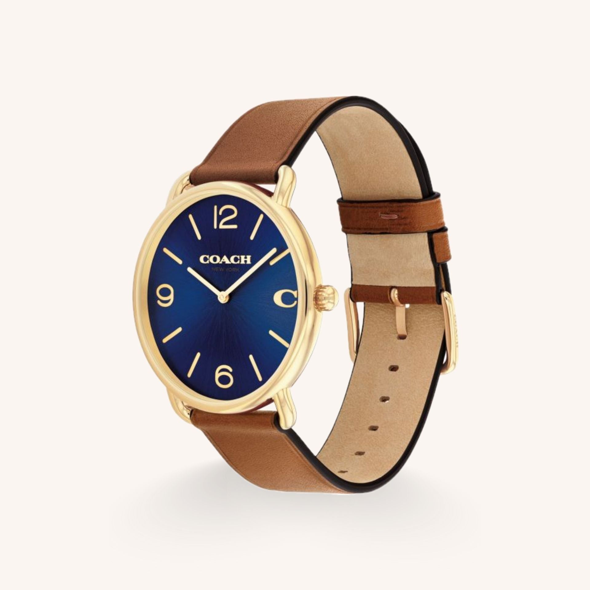 Coach Elliot 14602644 Navy Blue Dial Round Saddle Leather Strap Watch, 41mm