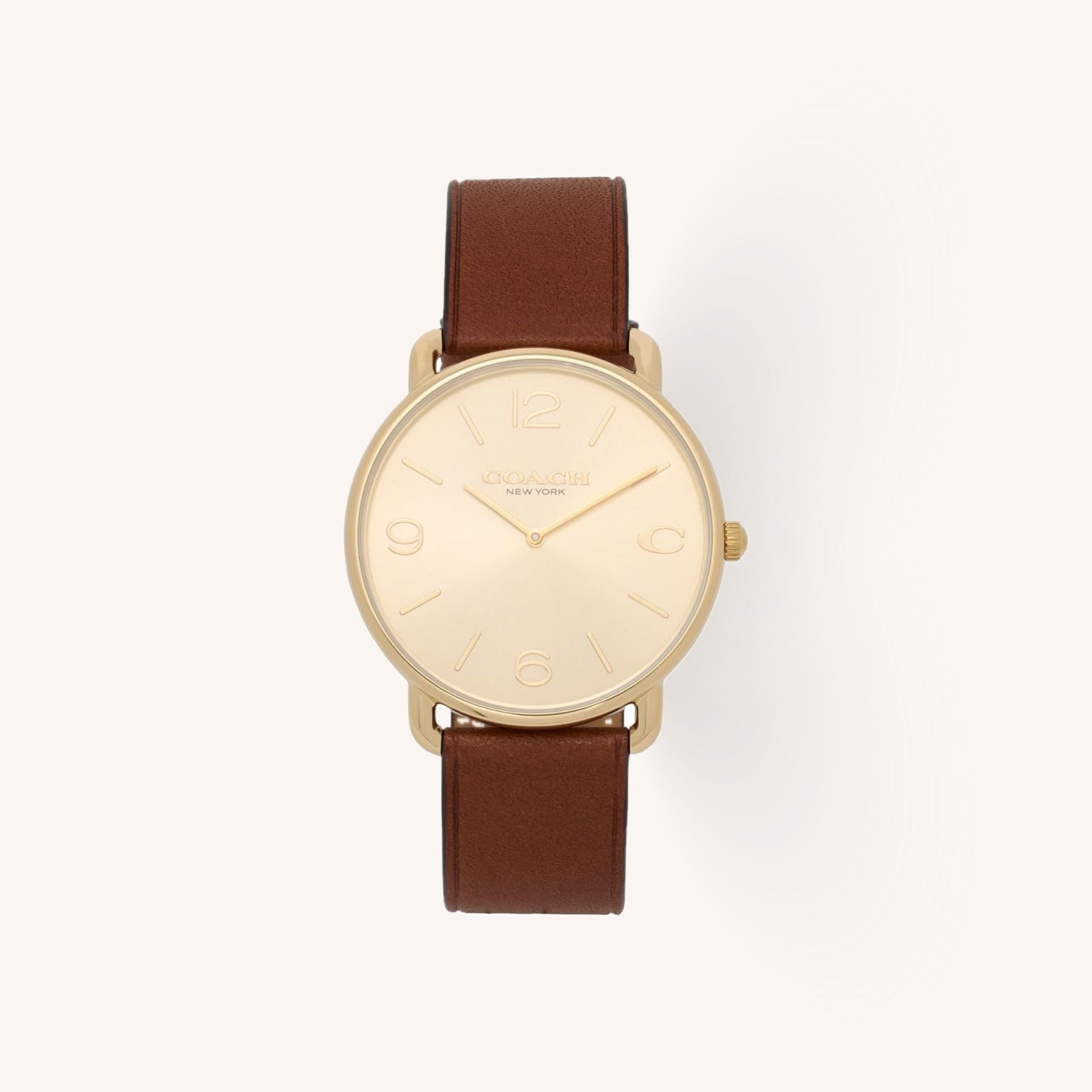 Coach Elliot 14602646 Gold-Tone Round Saddle Calfskin Leather Strap Watch, 41mm