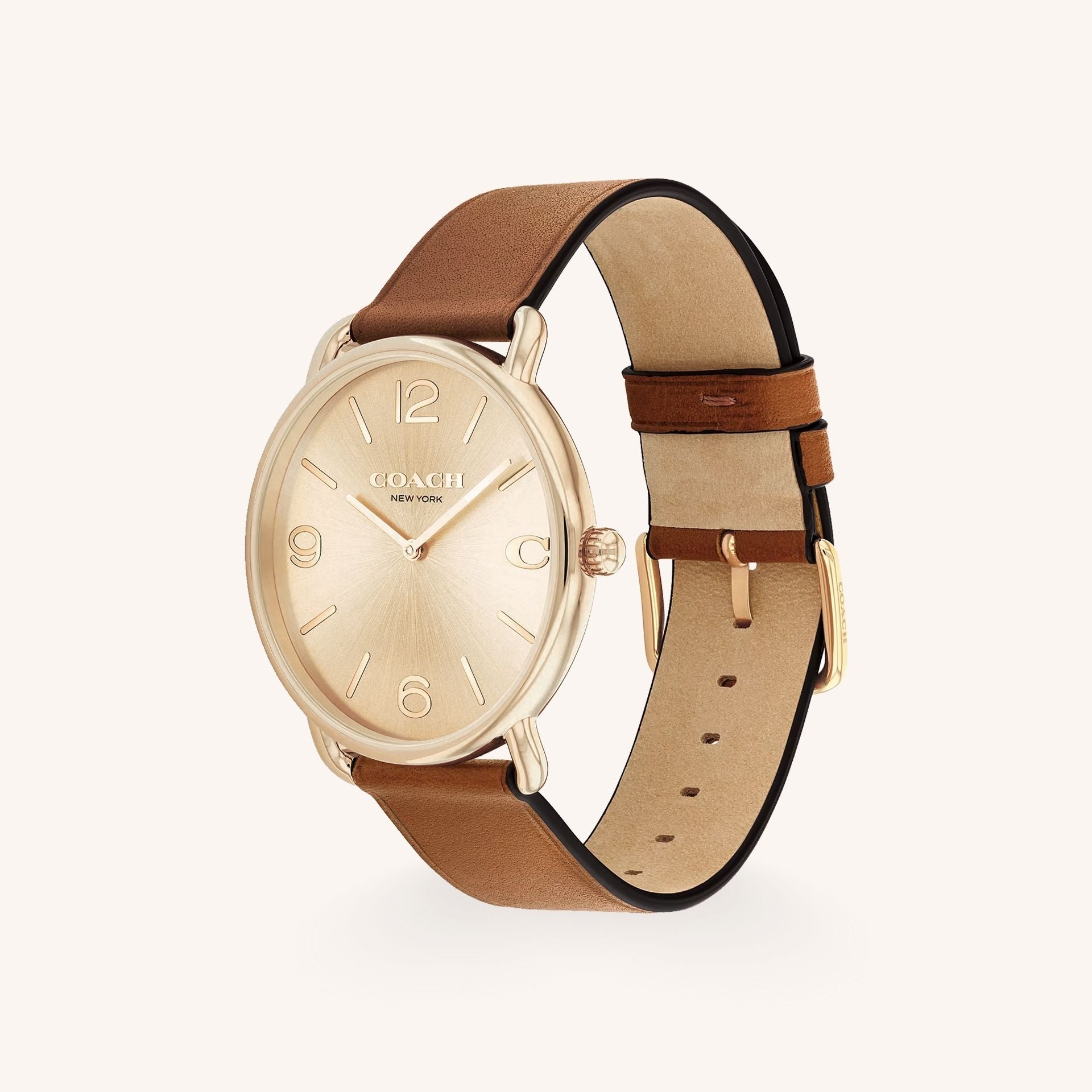 Coach Elliot 14602646 Gold-Tone Round Saddle Calfskin Leather Strap Watch, 41mm