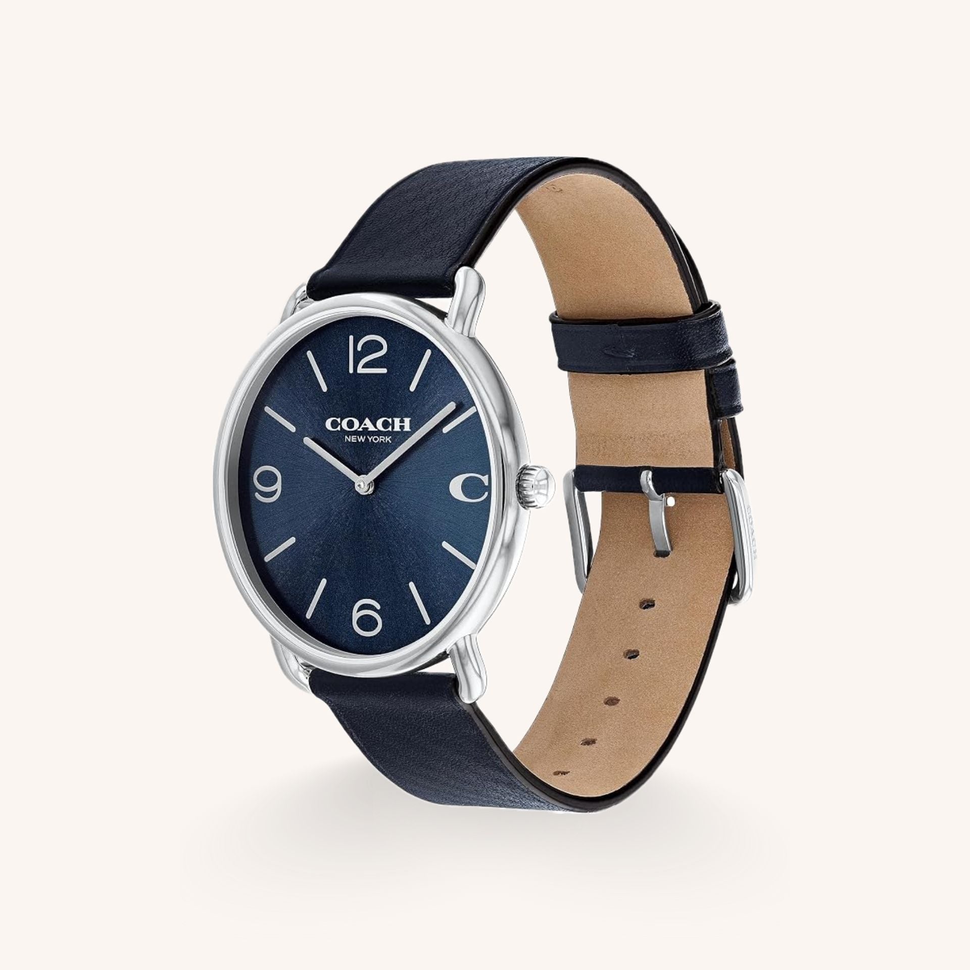 Coach Elliot 14602649 Navy Blue Dial Round Saddle Leather Strap Watch, 41mm