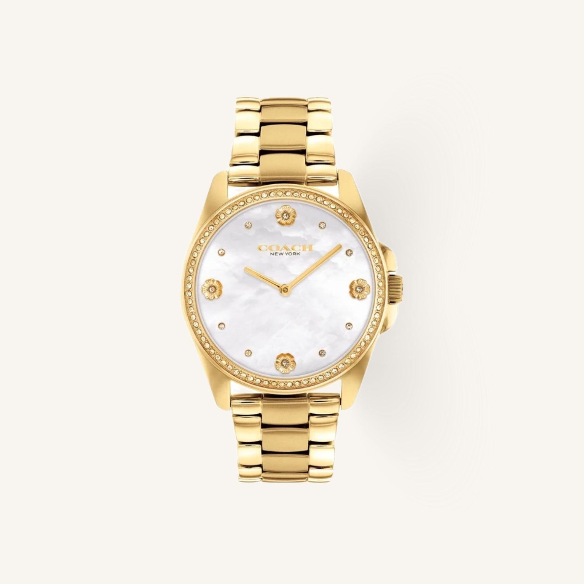 Coach Greyson 14504109 White Mother of Pearl Dial Round Gold-Tone Stainless Steel Bracelet Watch, 36mm