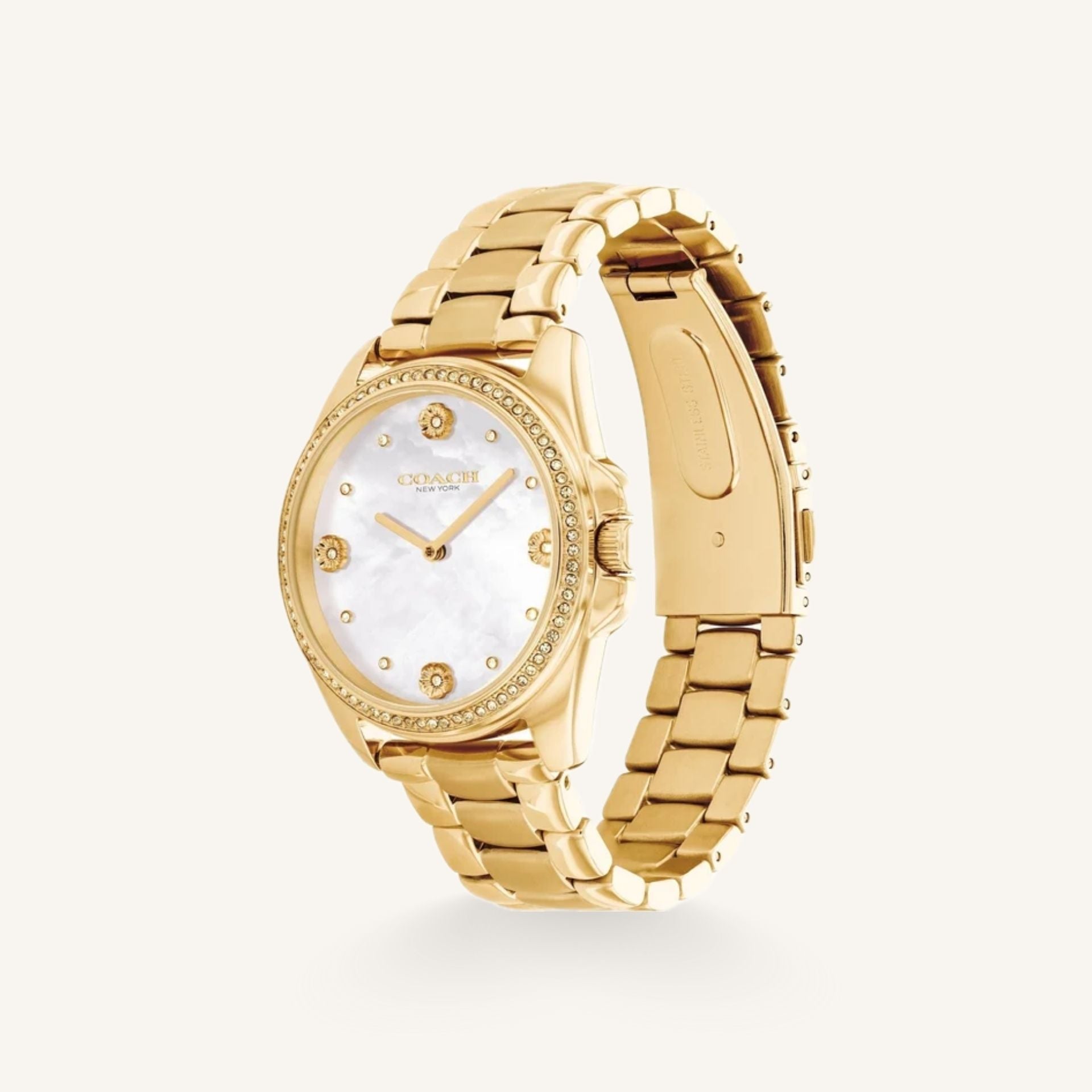 Coach Greyson 14504109 White Mother of Pearl Dial Round Gold-Tone Stainless Steel Bracelet Watch, 36mm