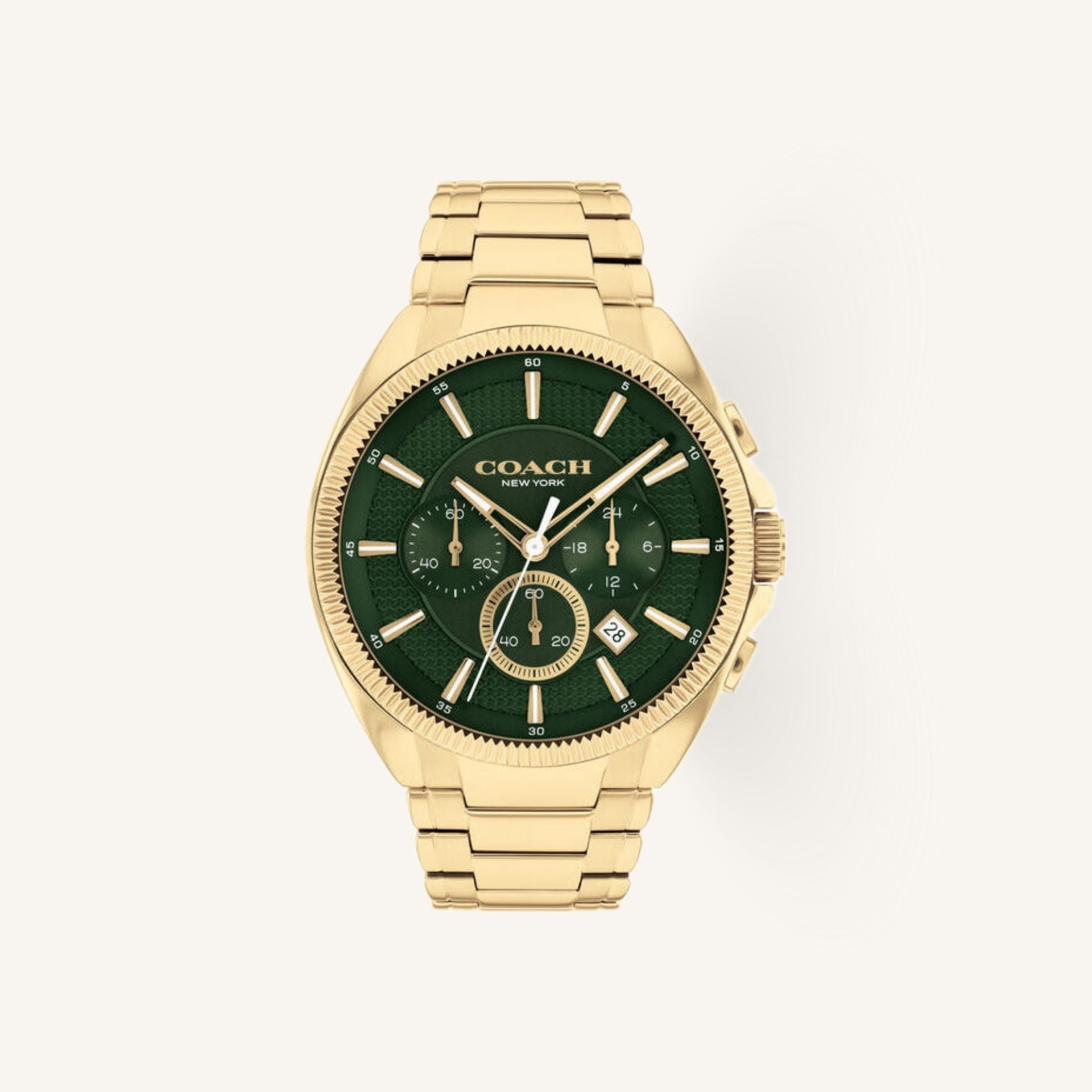 Coach Jackson 14602680 Green Dial Round Gold-Tone Stainless Steel Bracelet Chronograph Watch, 45mm