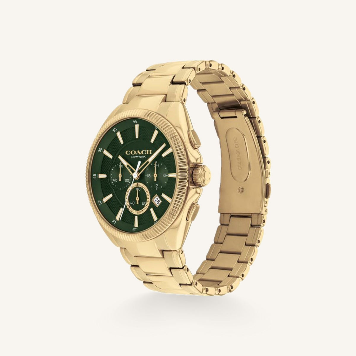 Coach Jackson 14602680 Green Dial Round Gold-Tone Stainless Steel Bracelet Chronograph Watch, 45mm