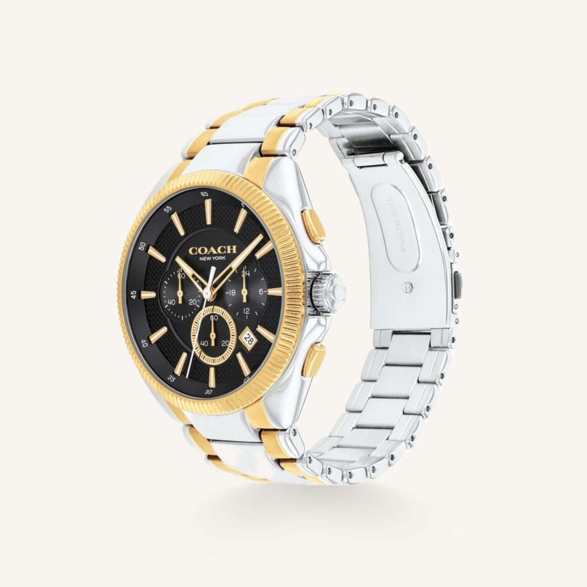 Coach Jackson 14602682 Black Dial Round Two-Tone Stainless Steel Bracelet Chronograph Watch, 45mm