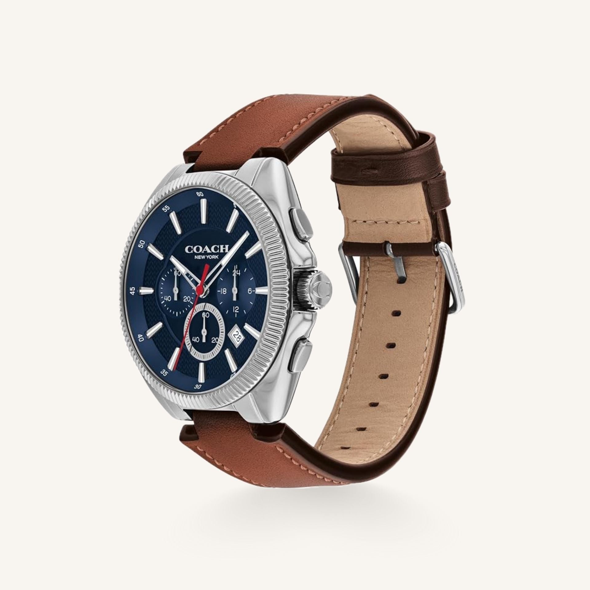 Coach Jackson 14602683 Navy Dial Round Brown Saddle Leather Strap Watch, 45mm