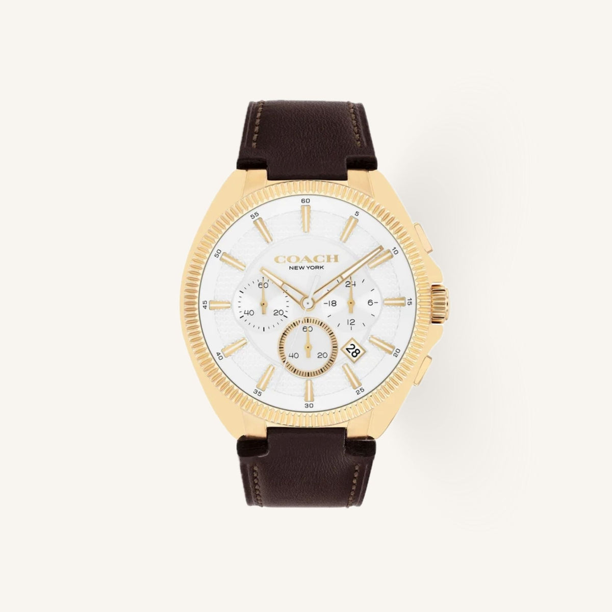 Coach Jackson 14602746 Silver White Dial Round Dark Brown Leather Strap Chronograph Watch, 45mm