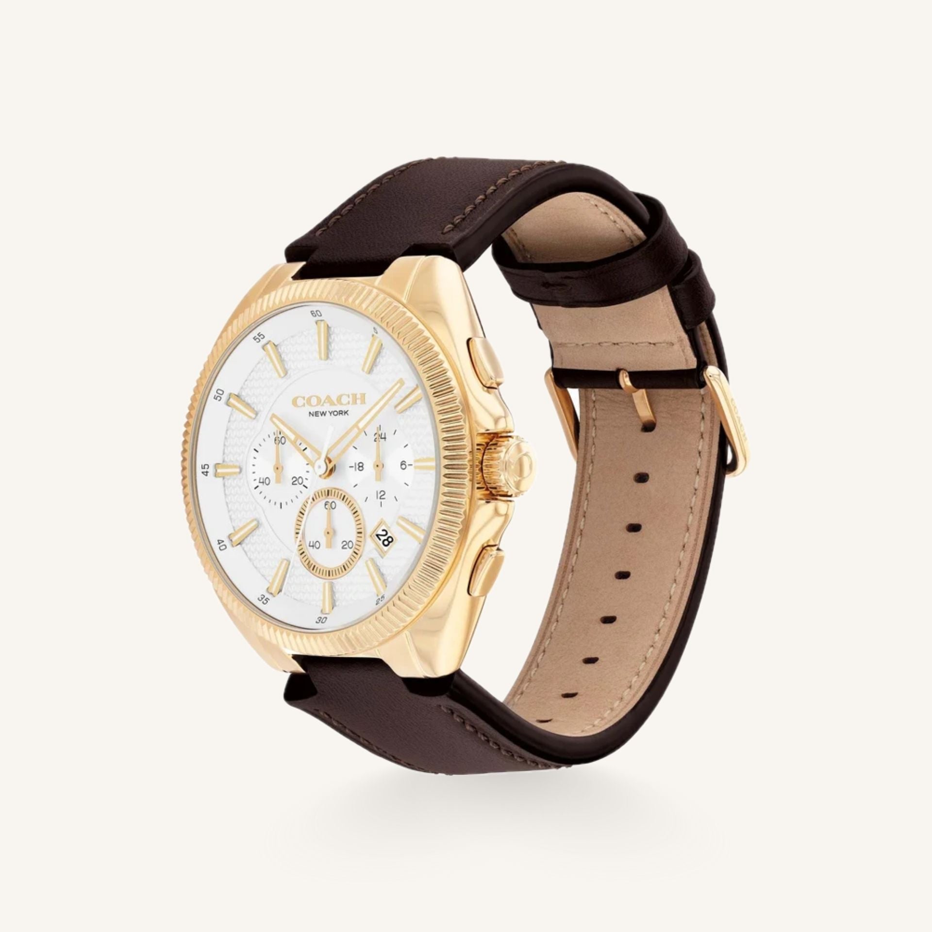 Coach Jackson 14602746 Silver White Dial Round Dark Brown Leather Strap Chronograph Watch, 45mm