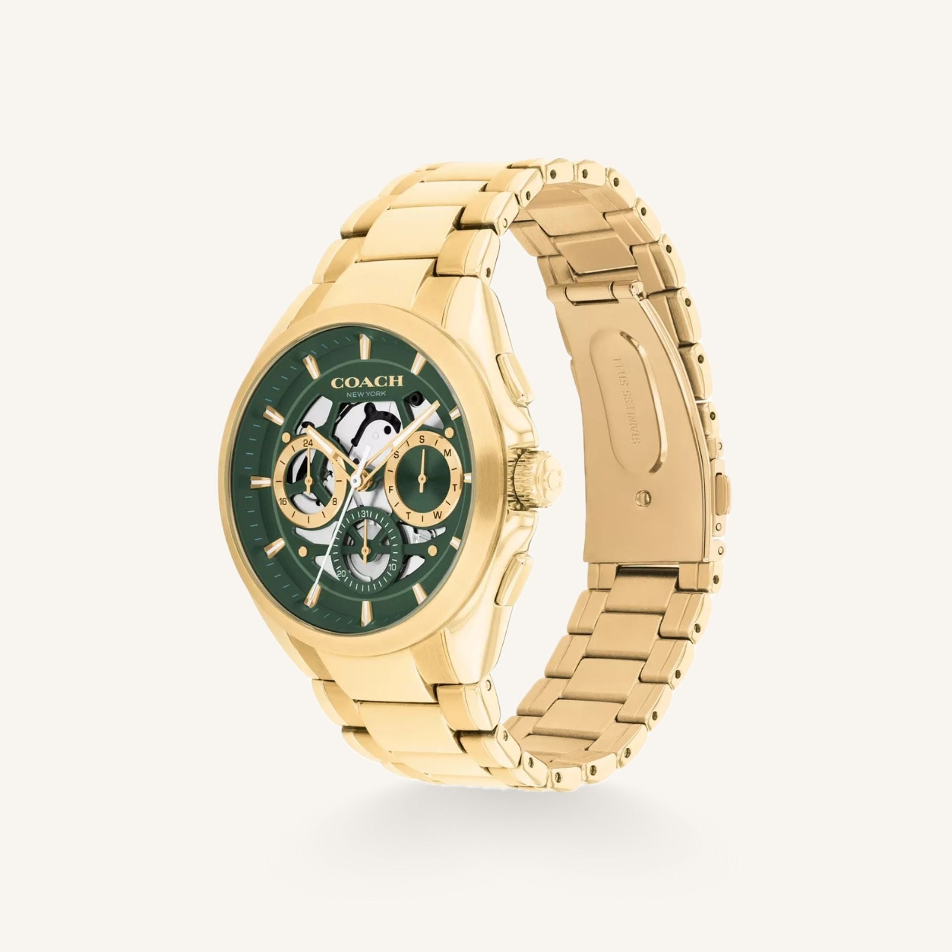 Coach Jackson 14602769 Green Dial Round Gold-Tone Stainless Steel Bracelet Chronograph Watch, 42mm