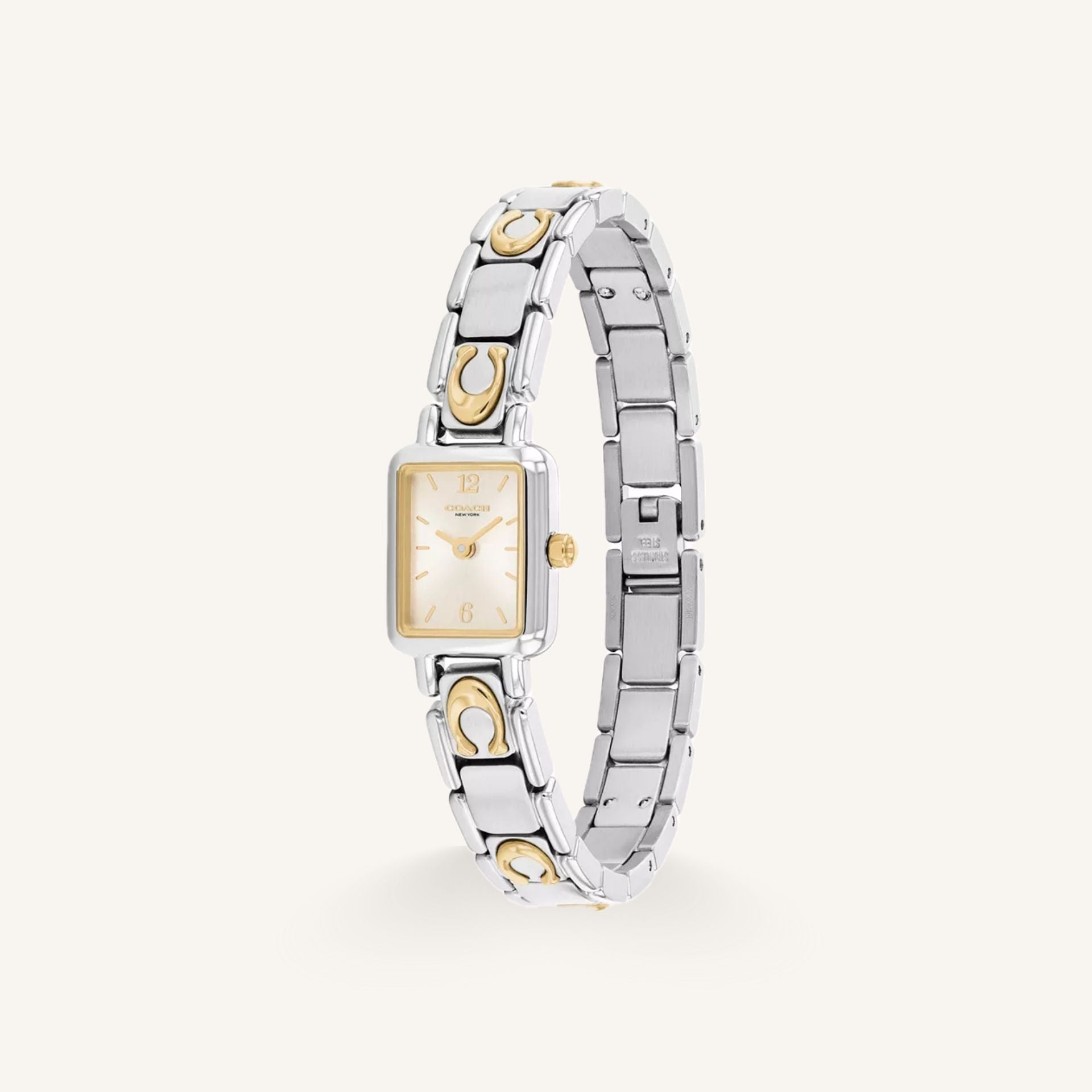 Coach Mara 14504673 Silver Dial Round Two-Tone Stainless Steel Signature Bracelet Watch, 15.5mm