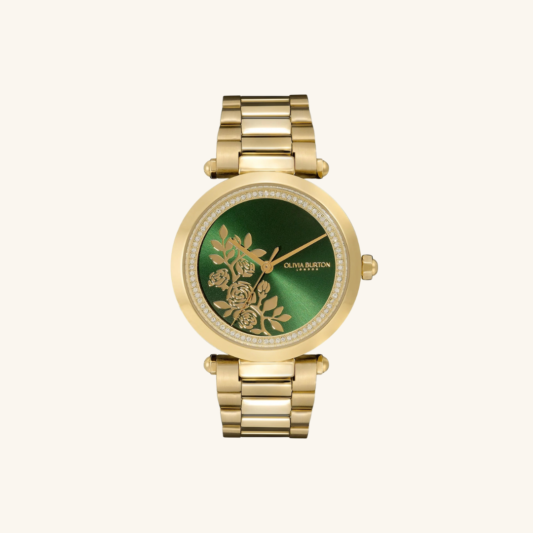 Olivia Burton Watch Floral T-Bar Green & Gold Bracelet 24000043
