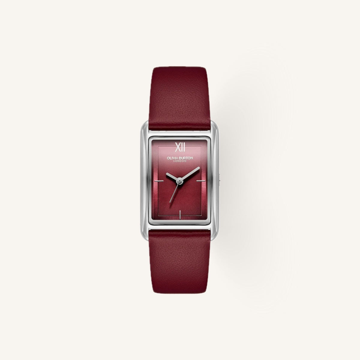 Olivia Burton Grove Ladies Watch of Silver Stainless Steel/Cranberry Red Leather Strap, 23mm, 24000198