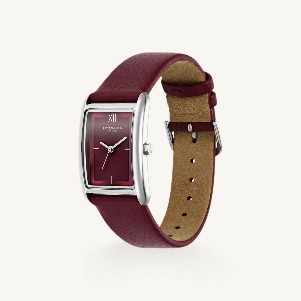 Olivia Burton Grove Ladies Watch of Silver Stainless Steel/Cranberry Red Leather Strap, 23mm, 24000198