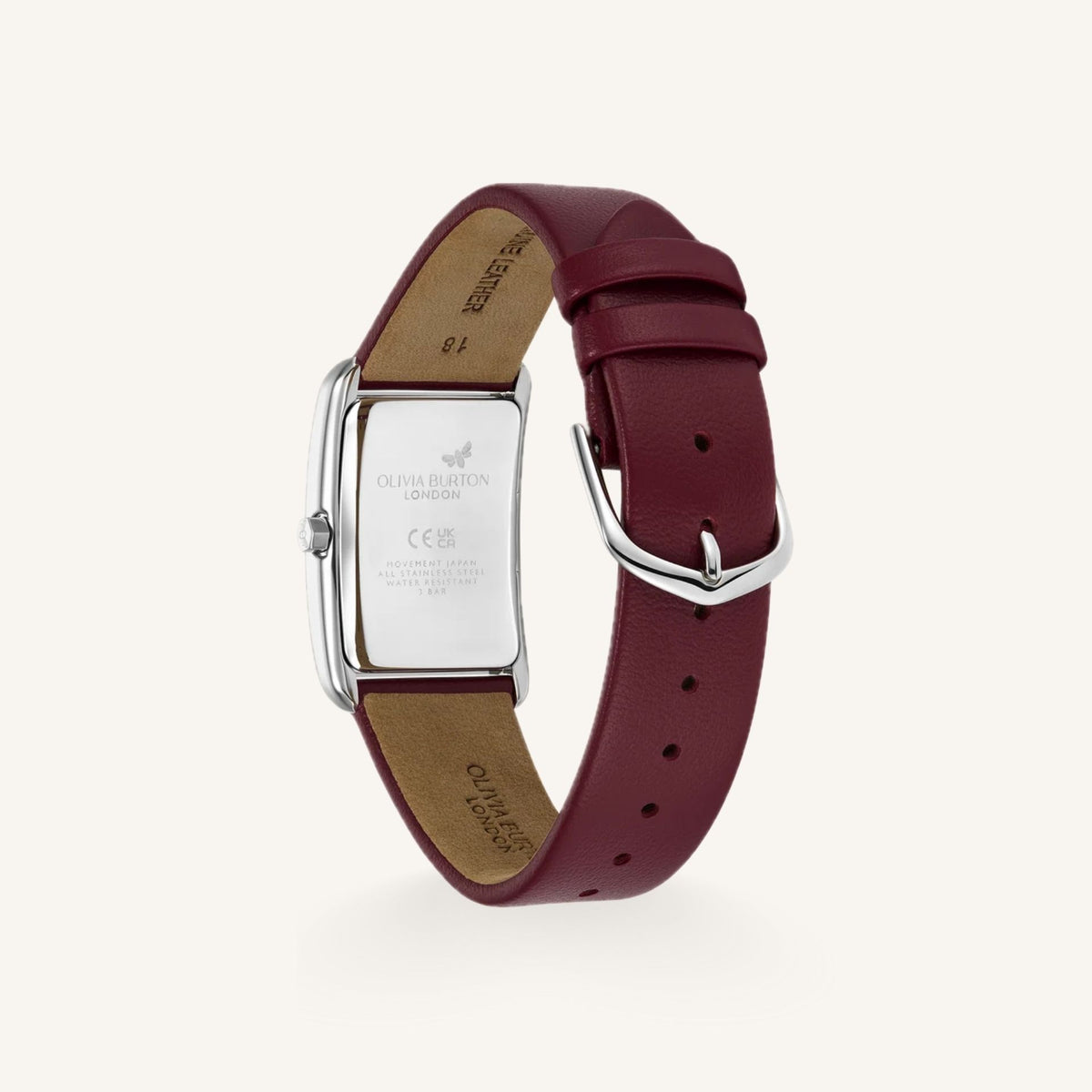 Olivia Burton Grove Ladies Watch of Silver Stainless Steel/Cranberry Red Leather Strap, 23mm, 24000198