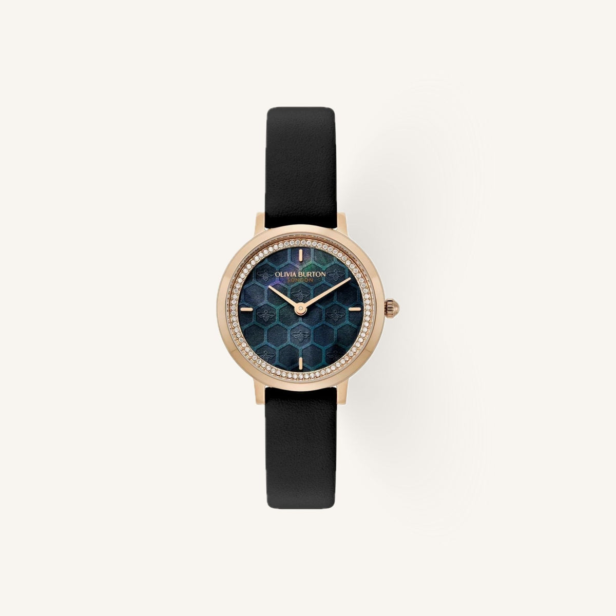 Olivia Burton Signature Ultra Slim Ladies Watch of Rose Gold Stainless Steel/Black Leather Strap, 28mm, 24000269