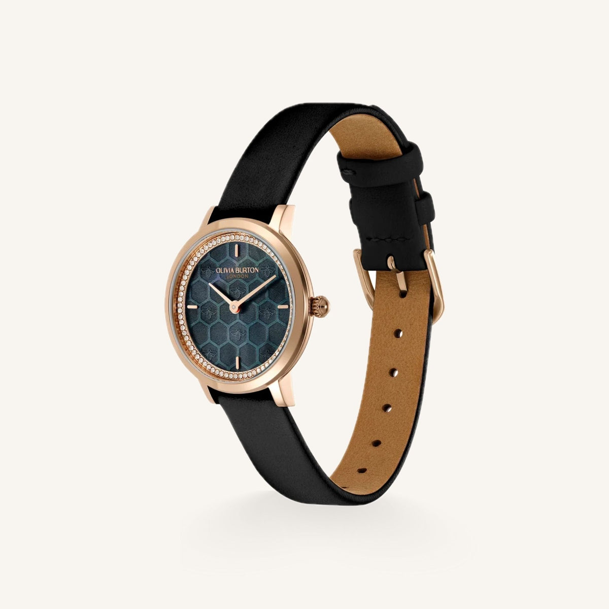 Olivia Burton Signature Ultra Slim Ladies Watch of Rose Gold Stainless Steel/Black Leather Strap, 28mm, 24000269