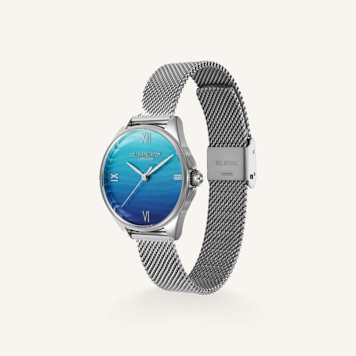 Olivia Burton Signature Azure Ladies Watch of Silver Stainless Steel/Mesh Bracelet, 30mm, 24000335
