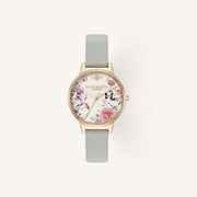 Olivia Burton Illustrated Floral Ladies Watch of Silver Stainless Steel/Leather Strap, 30mm, 24000361