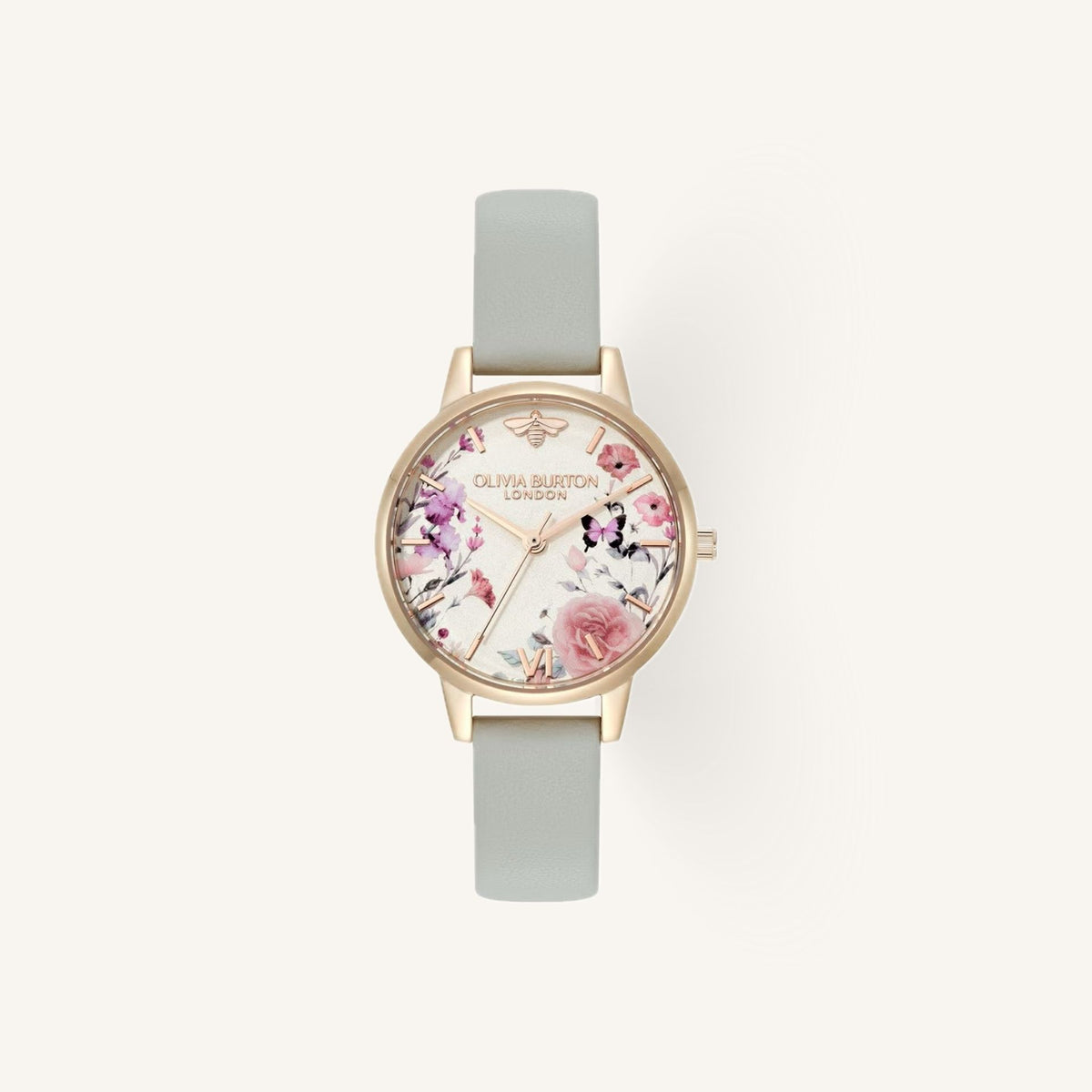 Olivia Burton Illustrated Floral Ladies Watch of Silver Stainless Steel/Leather Strap, 30mm, 24000361