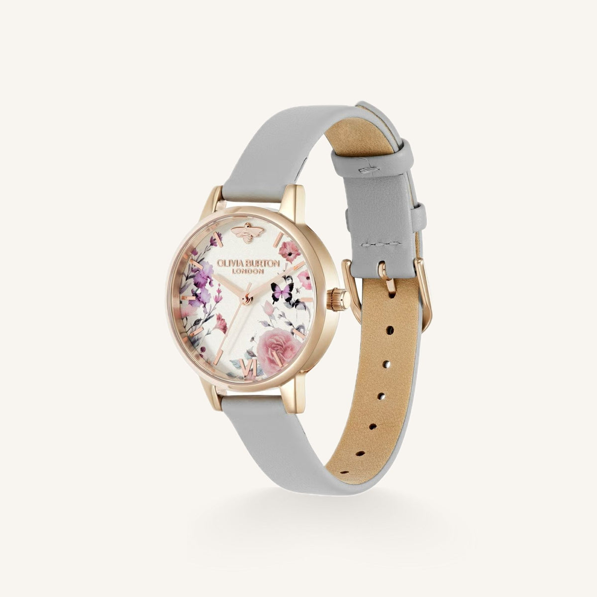 Olivia Burton Illustrated Floral Ladies Watch of Silver Stainless Steel/Leather Strap, 30mm, 24000361
