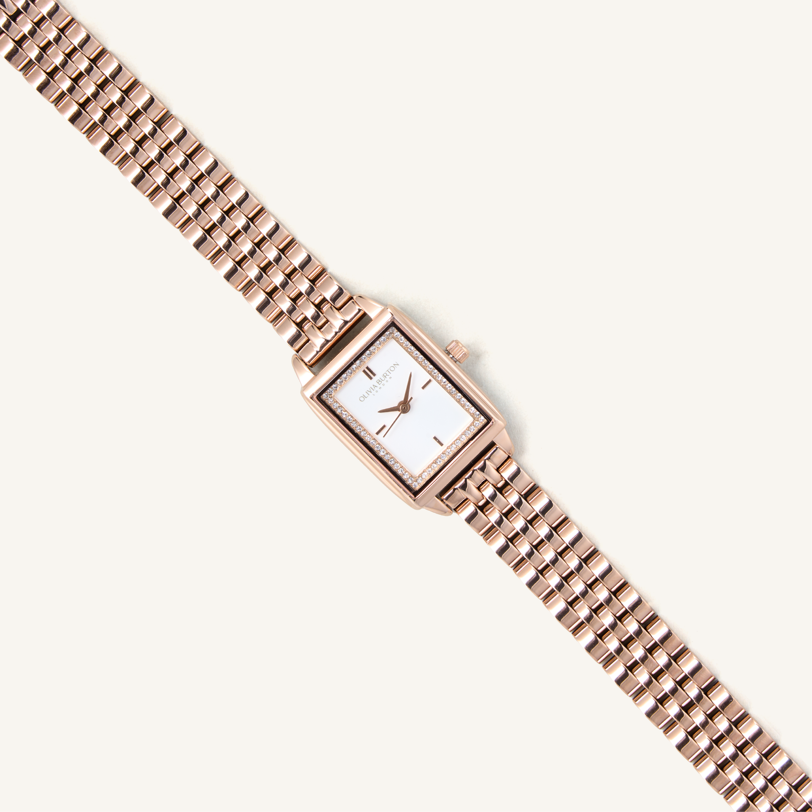 Olivia Burton Watch Classic 21mm Rectangle White & Carnation Gold Bracelet 24000014