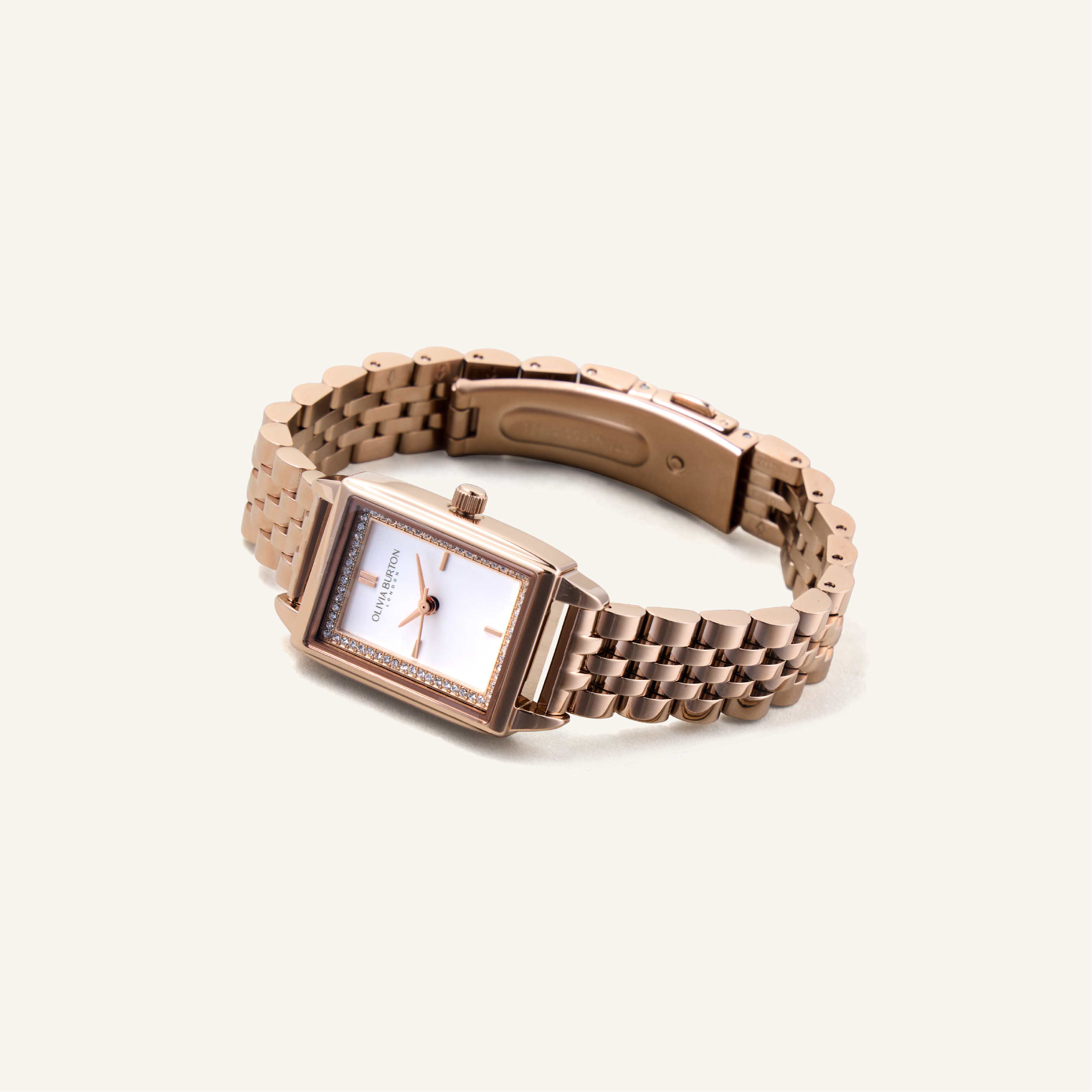 Olivia Burton Watch Classic 21mm Rectangle White & Carnation Gold Bracelet 24000014