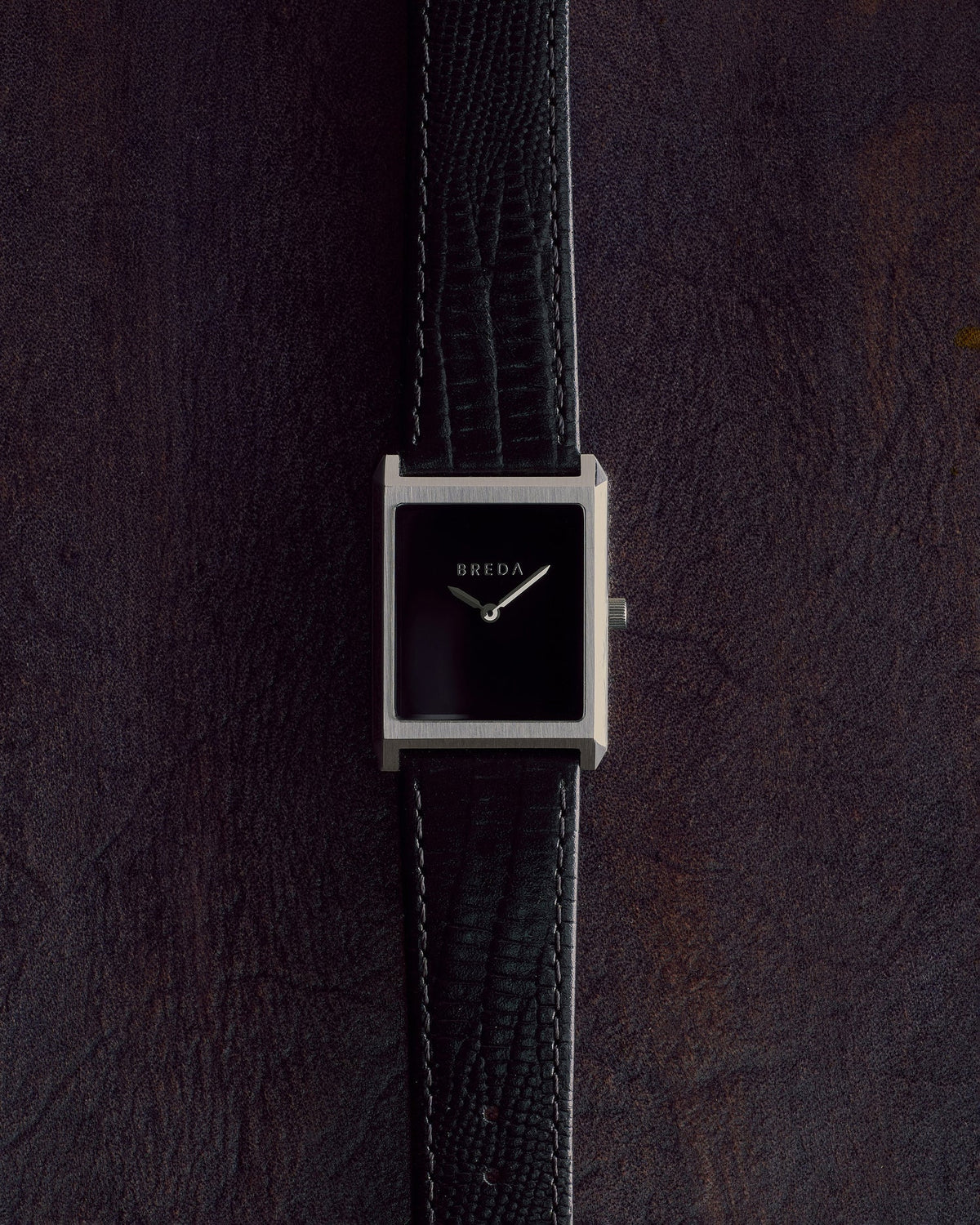 Breda Virgil (Lizard-Embossed) Unisex Watch of Silver/Black Stainless Steel/Lizard Embossed Leather, 26mm, 1763A