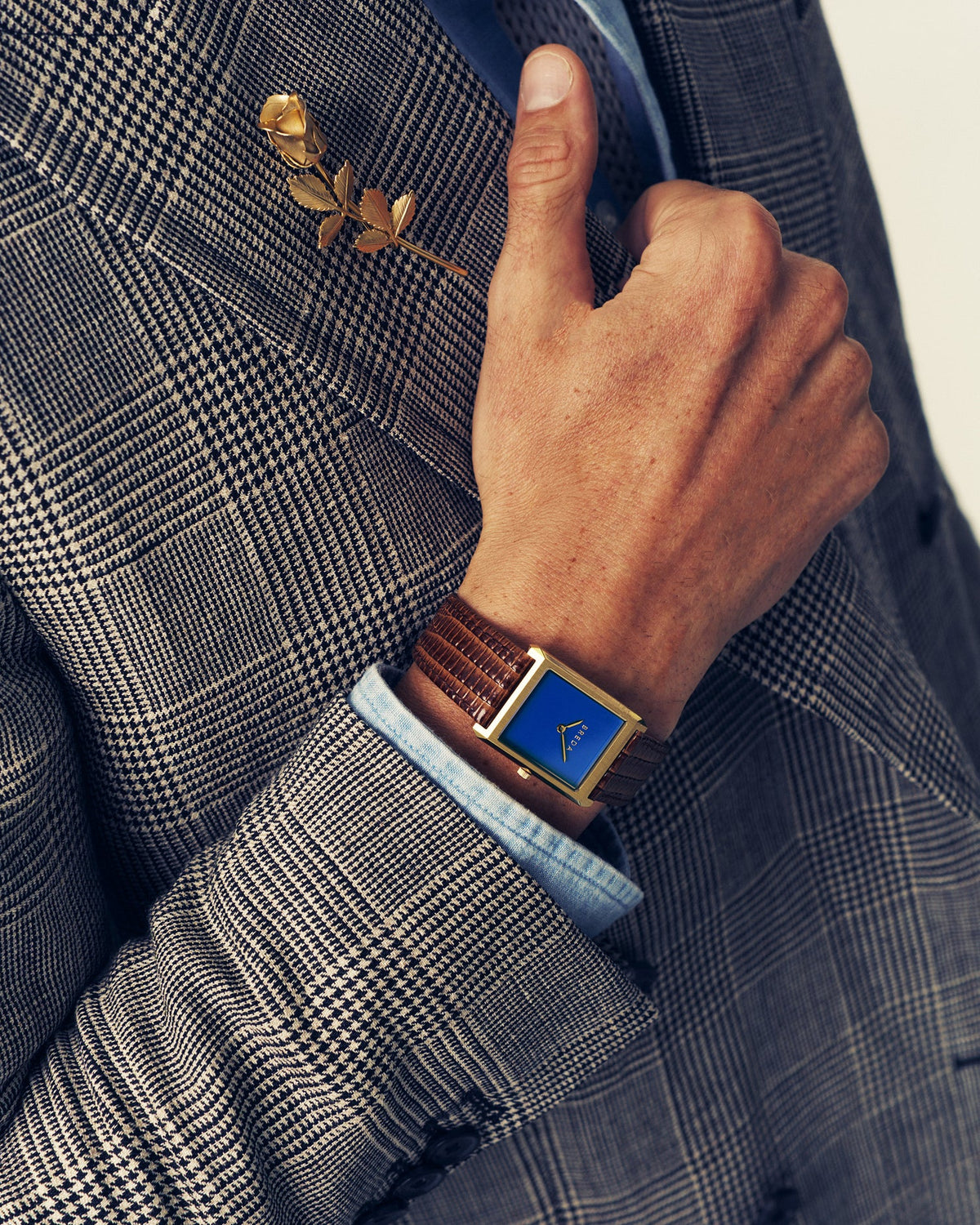 Breda Virgil (Lizard-Embossed) Unisex Watch of Gold/Navy/Brown Stainless Steel/Lizard Embossed Leather, 26mm, 1763B