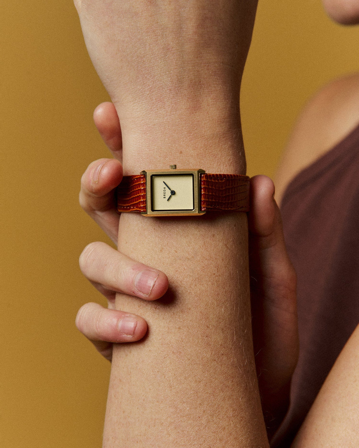 Breda Virgil (Lizard-Embossed) Unisex Watch of Gold/Brown Stainless Steel/Lizard Embossed Leather, 20mm, 1765B
