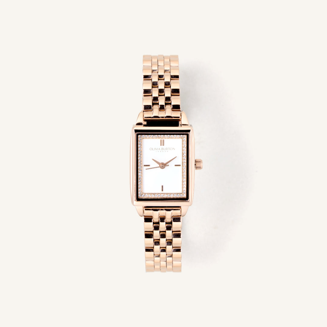 Olivia Burton Watch Classic 21mm Rectangle White & Carnation Gold Bracelet 24000014