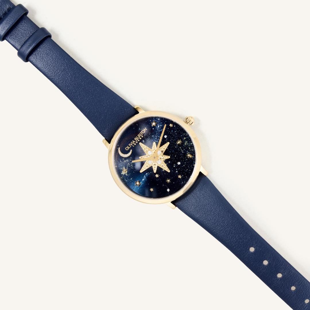 Olivia Burton Watch Celestial 35mm Nova Slim Gold & Sapphire Blue Leather Strap 24000081