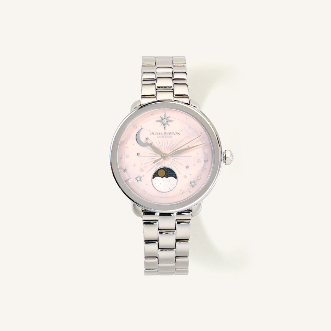 Olivia Burton Watch Celestial 34mm Moon Phase Pink & Silver Bracelet 24000297