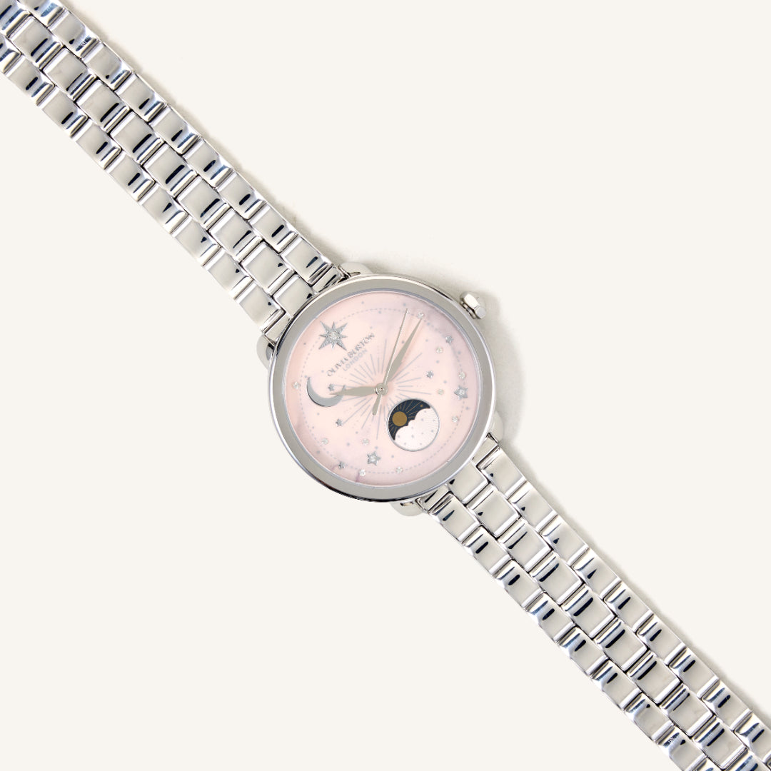 Olivia Burton Watch Celestial 34mm Moon Phase Pink & Silver Bracelet 24000297