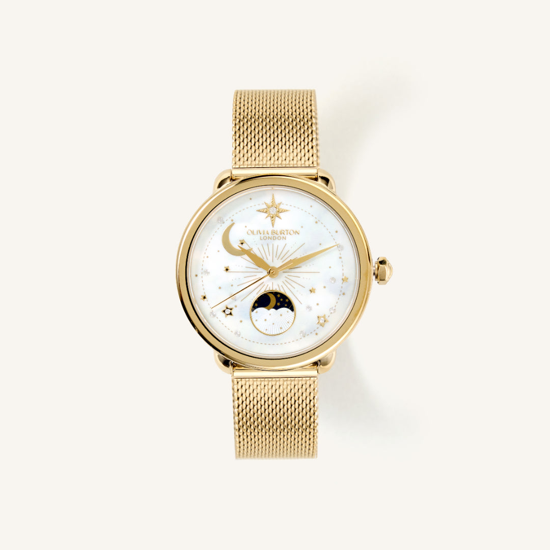 Olivia Burton Watch Celestial 34mm Moon Phase White & Gold Mesh 24000299