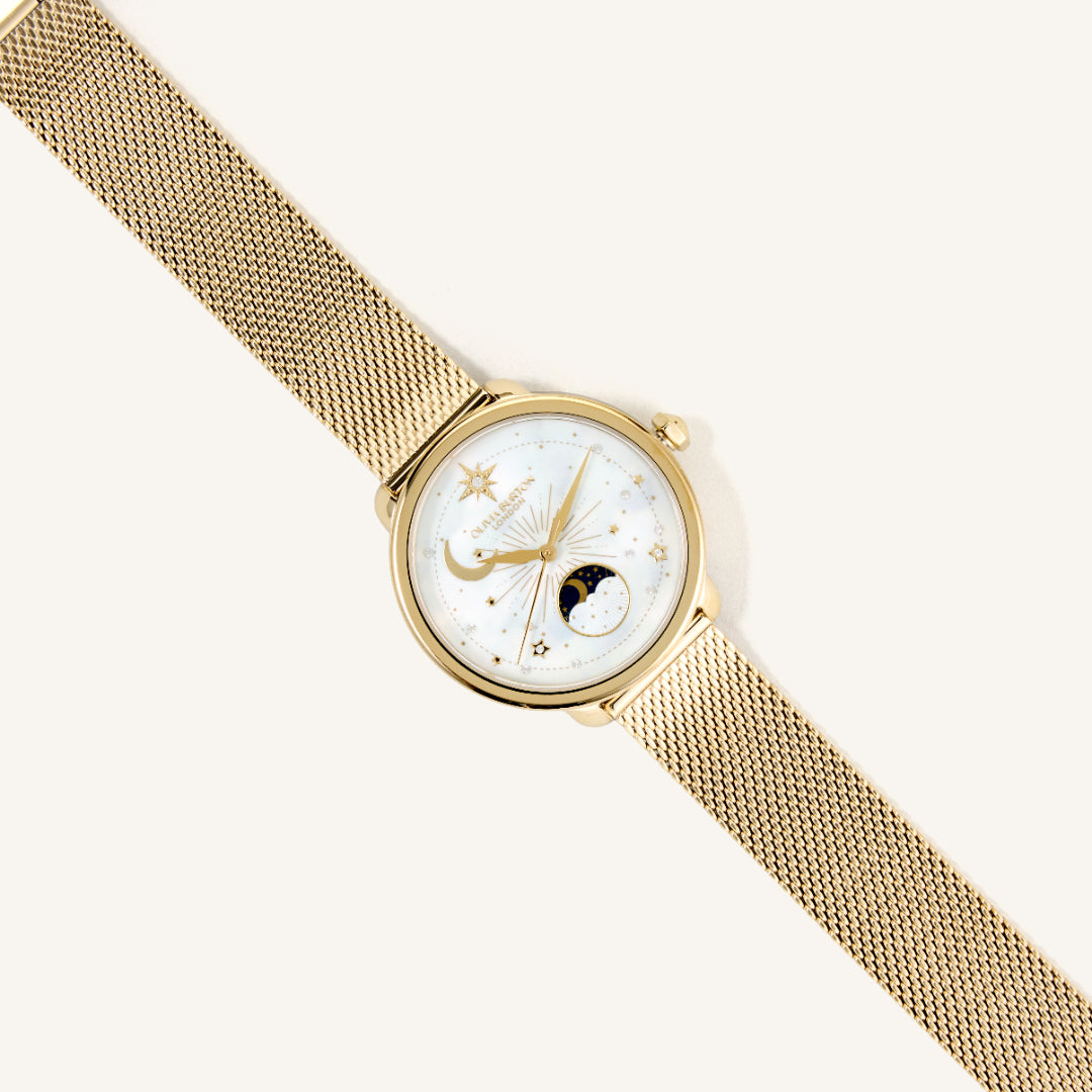 Olivia Burton Watch Celestial 34mm Moon Phase White & Gold Mesh 24000299