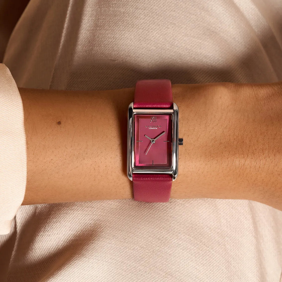 Olivia Burton Grove Ladies Watch of Silver Stainless Steel/Cranberry Red Leather Strap, 23mm, 24000198