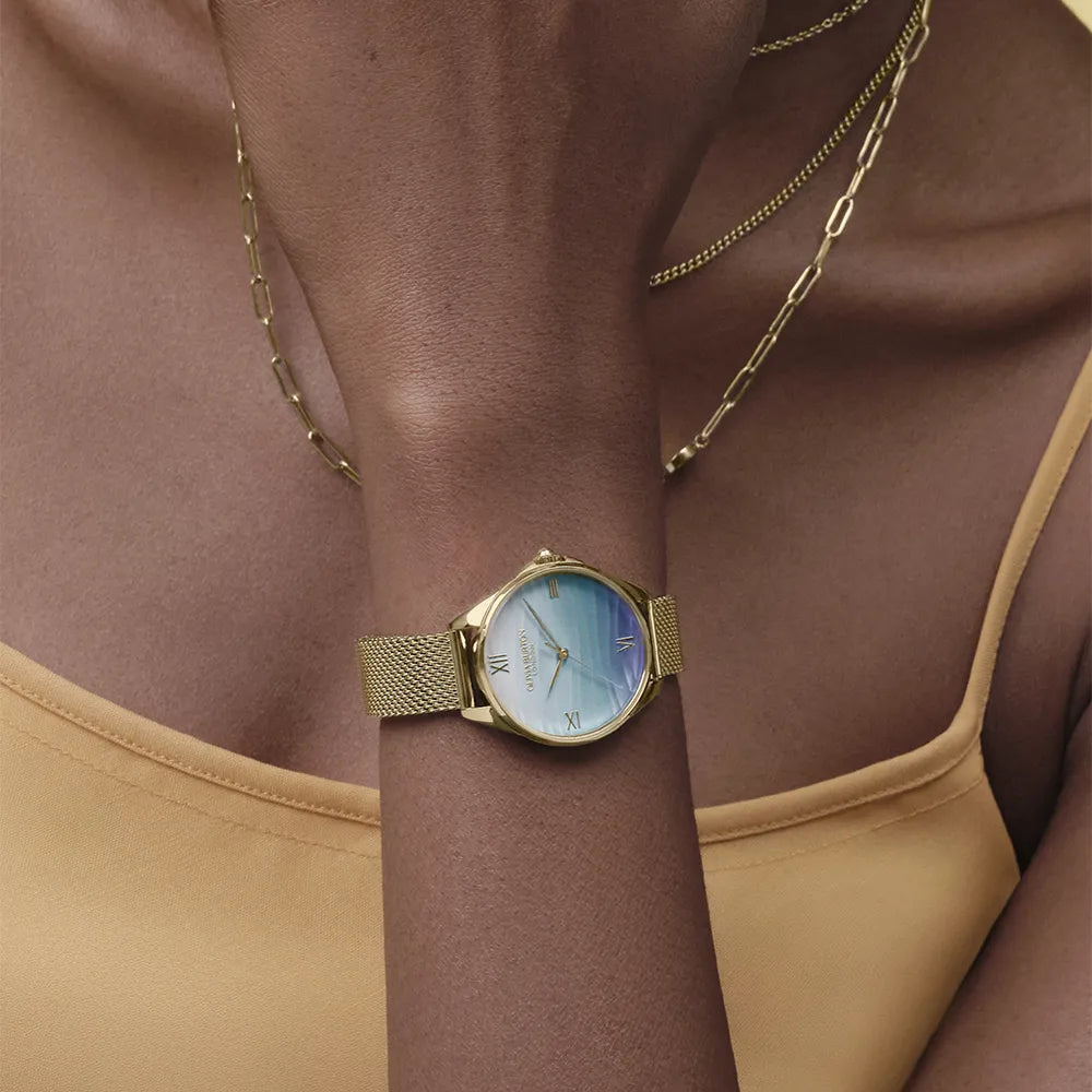 Olivia Burton Signature Azure Ladies Watch of Gold Stainless Steel/Mesh Bracelet, 30mm, 24000336